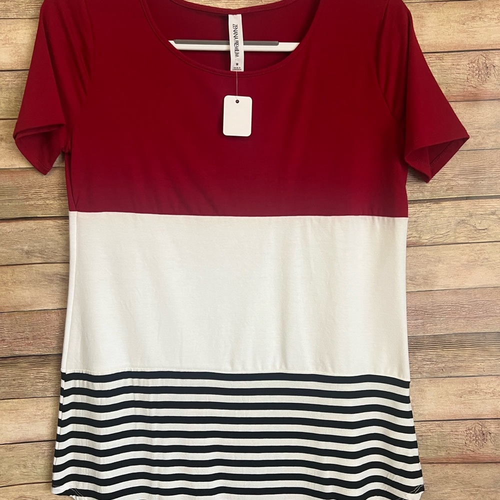 Zenana Outfitters Crimson and Ivory Striped Tee